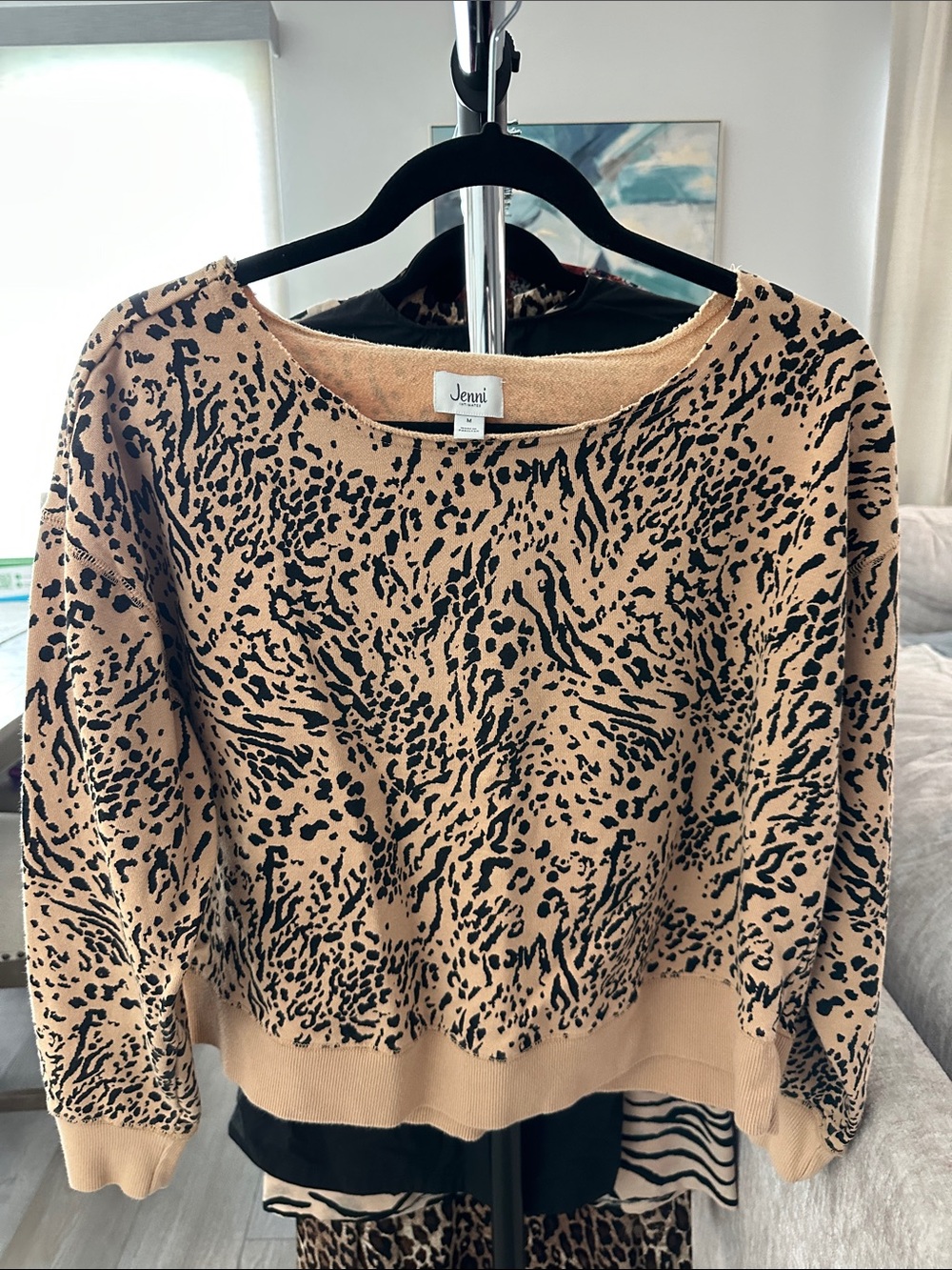 Jenni Intimates Beige Crewneck Sweater with Black Animal Print